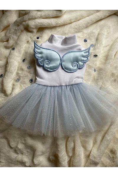 Barneystore Cat Dog Cotton Combed Blue Angel Wings Tutu Dress
