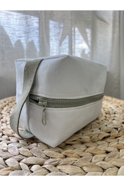 Dathcha Suede Leather Detailed Handbag and Makeup Bag Made of Environmentally Friendly Linen Fabric