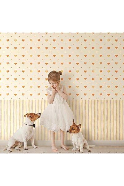 Adawall Adakids Duvar Kağıdı Kalp Ve Çizgili Desenli Non-woven Kağıt Taban