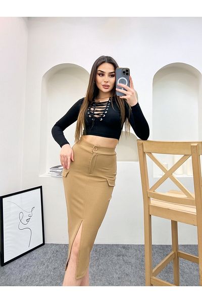 Winmoda34 Γυναικεία μακριά φούστα με σκίσιμο ύφασμα κρεπ /γυναικεία μακριά φούστα με τσουλήθρες