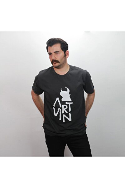 Logo Baskılı Bisiklet Yaka Tişört / Füme