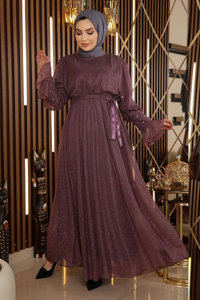 Modamihram Steindetailliertes, glitzerndes Chiffon-Abendkleid Dusty Rose 19113