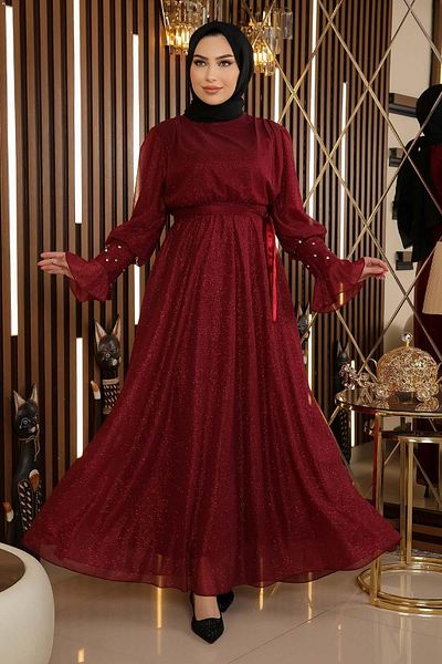 Modamihram Abendkleid aus Chiffon mit Steindetail und Glitzer, Weinrot 19113