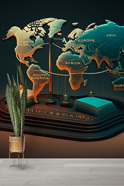 Dekoros Tek Parça 3d Kafe Salon Ofis Şık Ahşap Dünya Haritası Masa Isimliği P...