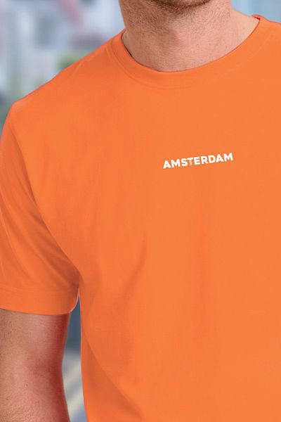 BESSA Мъжка оранжева тениска с кръгло деколте с принт Amsterdam