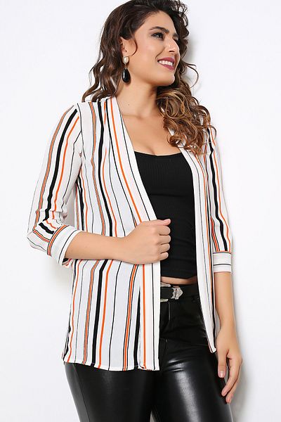 AVORWE Three-Quarter Sleeve Striped Open Front Spring Jacket