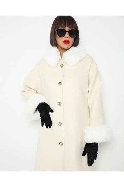 COLLECTİON Ekru Kürklü Kaşe Kaban