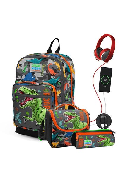 Coral High Детски комплект чанти с USB кабел, черно-сиви и динозавърски мотиви, четири отделения, 23844