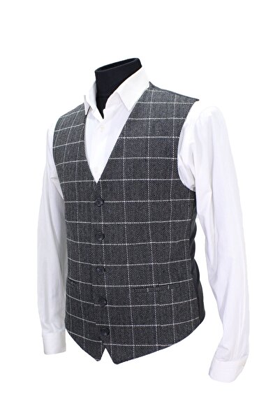 MENTOR REGALO Erkek Yelek V Yaka Gri Ekose Yün 50534