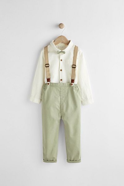 Next Baby Cotton Green Shirt Body Bow Tie Trousers and Trouser Strap Set