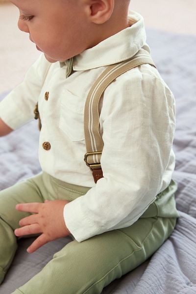 Next Baby Cotton Green Shirt Body Bow Tie Trousers and Trouser Strap Set