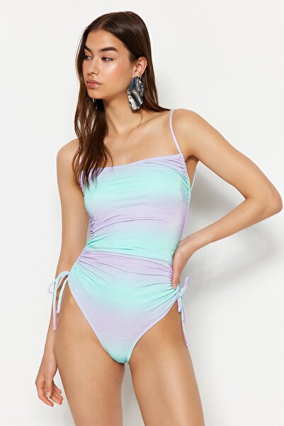 Trendyol Collection Gradient Patterned Strapless Draped Glitter High Leg Regular Swimsuit TBESS23MA00403