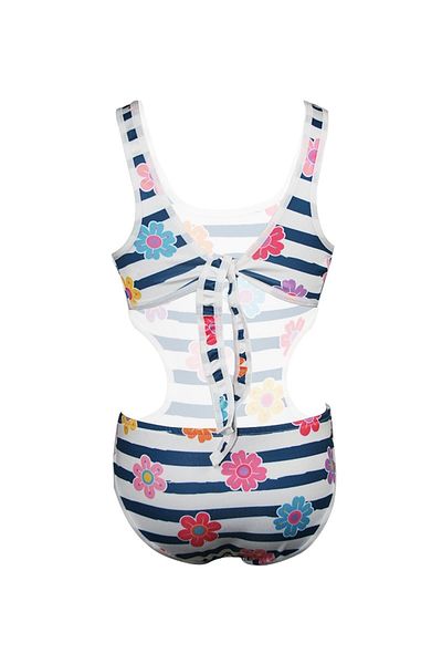 Rs Ramuni Girl's Swimsuit Mayokini Striped Flower Patterned Digital Printed Sea Pool Swimsuit