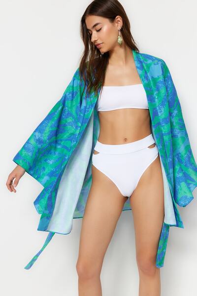 Trendyol Collection Mini plážová kimona s abstraktním vzorem se setrvačníkem a páskem - TBESS23KM00024