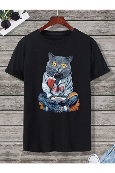 YUVEST Blackrock unisex majica sa mačkama, široki kroj, crna majica sa okrugl...