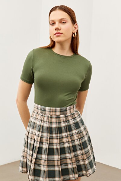 Bipantolon Women's Khaki Crew Neck Short Sleeve Blouse