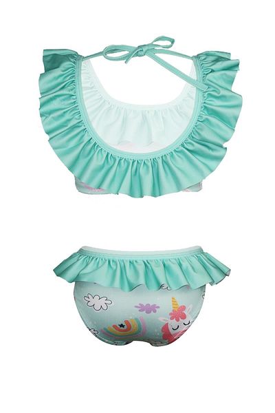 Rs Ramuni Girl's Swimsuit Ruffled Bikini Green Unicorn Patterned Digital Printed Sea Pool Swimsuit