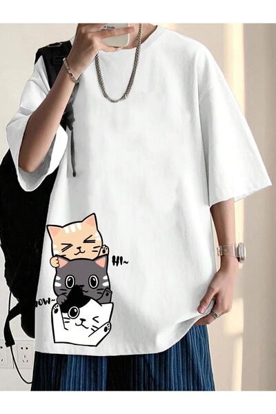 YUVEST Unisex Hi Wow Cat Oversize bela majica sa okruglim izrezom