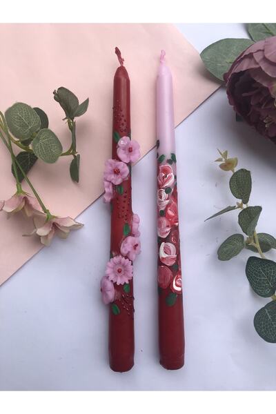 Elif Design 2’li El Boyaması Papatya Ve Çiçek Desenli Tasarım Şamdan Mumu Boy...