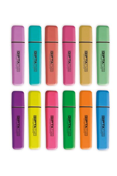 Gıpta Highlighter Marking Pen Set 12 Colors - Cut Tip Pastel and Fluorescent Vibrant Colors