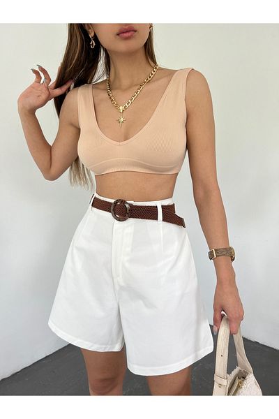 Fav Style Γυναικείο σορτς Gabardine με φαρδύ πόδι με ψηλόμεσο λευκό