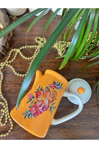 Handmadesign Kapaklı El Yapımı Seramik Sürahi - Turuncu Renkli Bahar Çiçekli