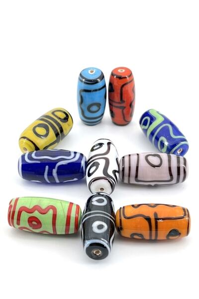 Selvi Konsept Etnik Desenli Oval Cam Boncuk Karışık Renkli 14x28 Mm 10 Adet