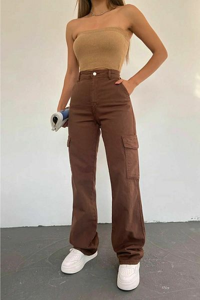 Trn JNS Iza Brown Cargo Loose Back Packetless Lycra Παντελόνι Jean Super High Waist