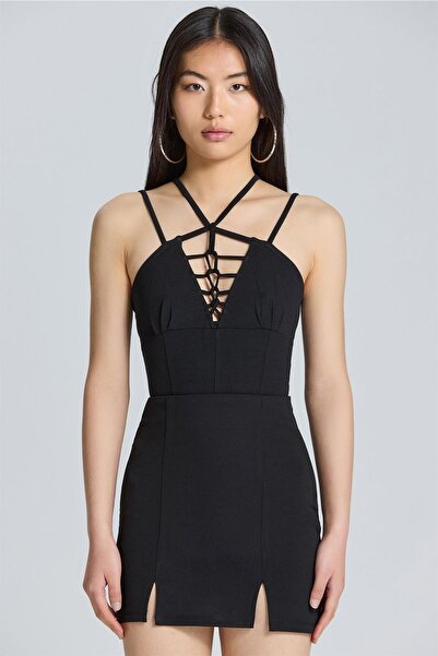 boutiquen Siyah Önü Ve Sırtı Ip Dekolteli Bodysuit
