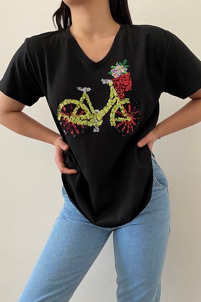 FEMELLE Tricou de damă, negru, cu decolteu în V, pentru bicicletă, cu paiete, brodat cu paiete, 100% bumbac