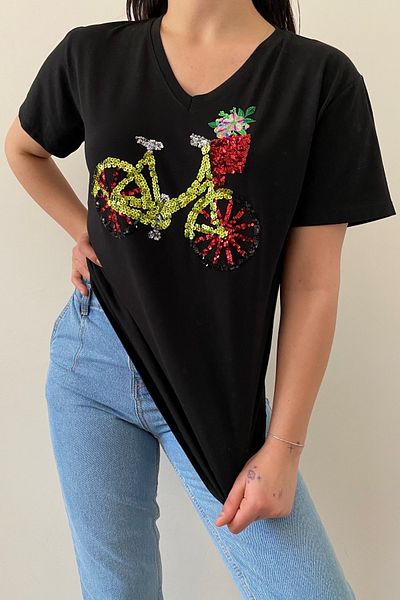 FEMELLE Tricou de damă, negru, cu decolteu în V, pentru bicicletă, cu paiete, brodat cu paiete, 100% bumbac