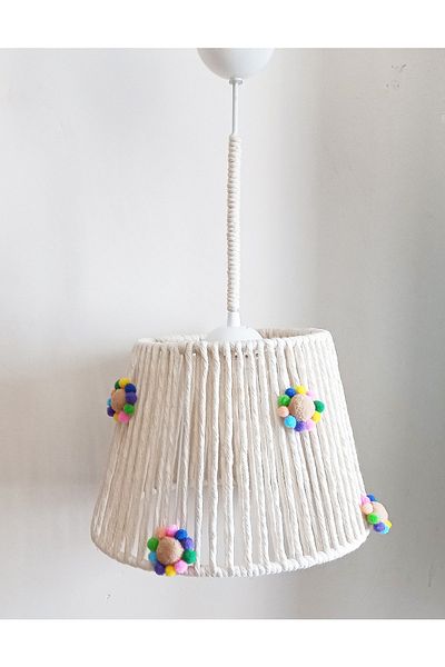 C&A&B KUZEY AVİZE Ecru Macrame Rope Wrap Colorful Pompom Design Baby Girl Pendant Lamp Chandelier