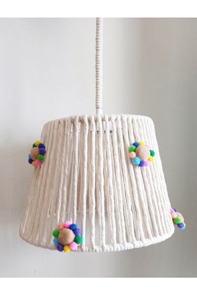C&A&B KUZEY AVİZE Ecru Macrame Rope Wrap Colorful Pompom Design Baby Girl Pendant Lamp Chandelier