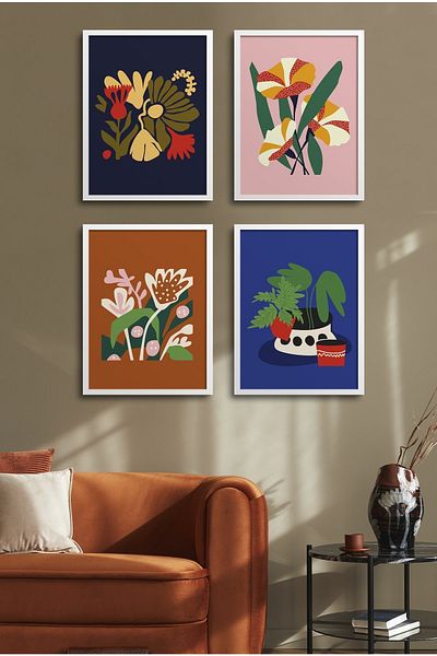 HOMEPACK Set de pictură cu cadru de 4 piese? Design de flori 18x23 Cm 30x40 Cm cu rama din lemn alb-negru? D-029