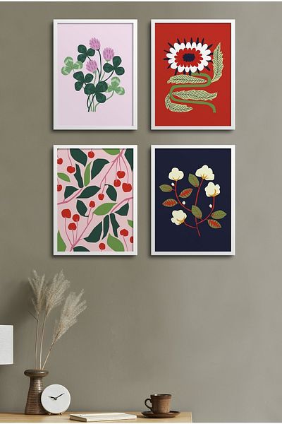 HOMEPACK Set de pictură cu cadru de 4 piese? Design de flori 18x23 Cm 30x40 Cm cu rama din lemn alb-negru? D-027