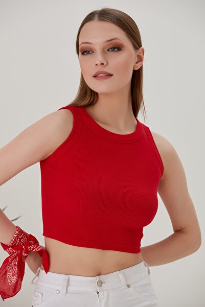 CATSPY Kırmızı Fitted/vücuda Oturan Geniş Biyeli Halter Yaka Fitilli Esnek Örme Crop Bluz