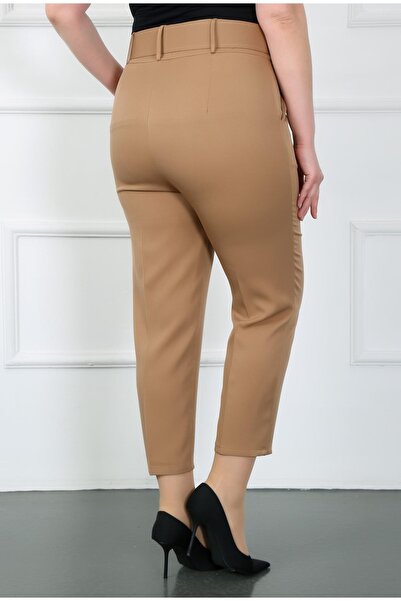 By Alba Collection Γυναικείο παντελόνι Tan Thick Belted Dumbbell Plus Size