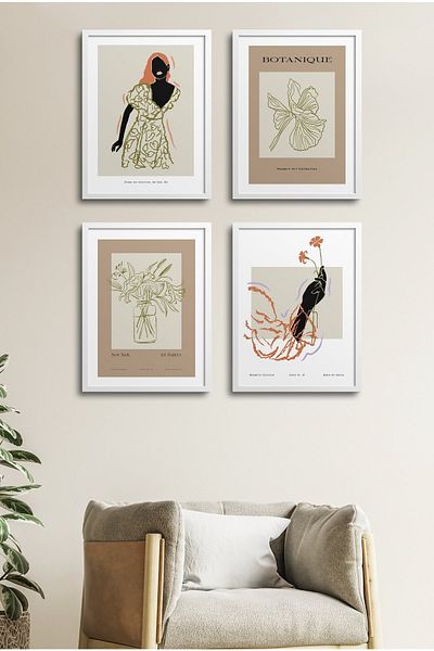 HOMEPACK Set de pictură cu cadru de 4 piese? Design de flori 18x23 Cm 30x40 Cm cu rama din lemn alb-negru? D-037