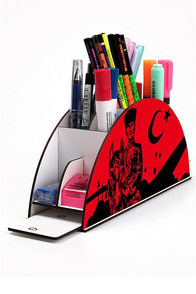 kutuTR Wooden Vip Atatürk Series Model Rainbow Ruled Desktop Pen Holder Organizer Assembled Boxed
