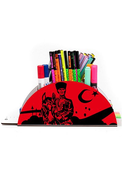 kutuTR Wooden Vip Atatürk Series Model Rainbow Ruled Desktop Pen Holder Organizer Assembled Boxed