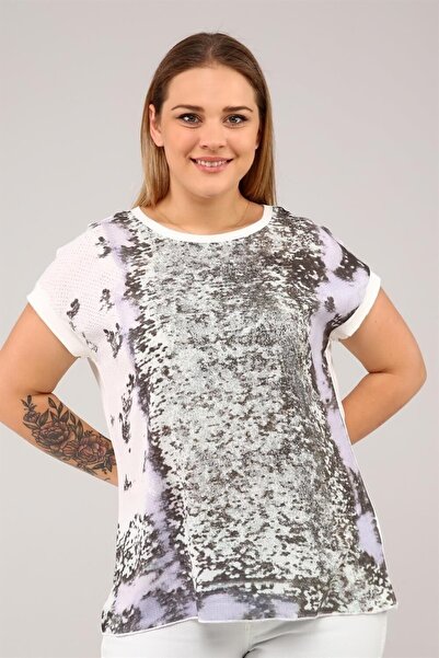 Seamoda Plus Size Blouse with Glitter Print on the Front - ecru