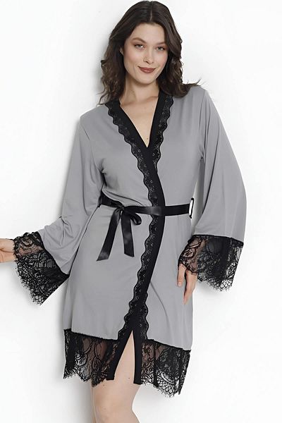 Pijamaevi Gray Milan Lace Detailed Knitted Bamboo Women's Dressing Gown