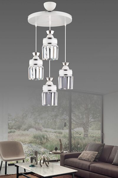 SONSUZ AYDINLATMA&AVİZE Tokyo 4-Piece White Pendant Lamp with Crystal Stone and Chrome Strip Cylinder Downward Facing Luxury Chandelier