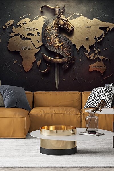 Dekoros Tek Parça 3d Kafe Salon Antika Dünya Haritası At Motifli Altın Kılıç ...