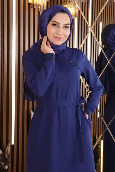 Modamihram Hidden Button Ribbed Abaya Indigo 18901