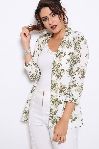 AVORWE Three-Quarter Sleeve Floral Printed Open Front Spring Jacket