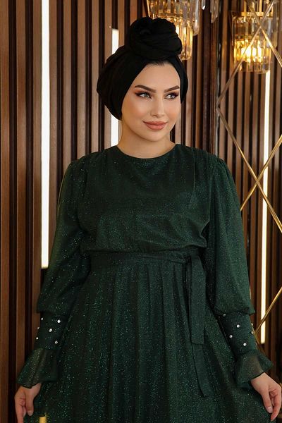 Modamihram Steindetailliertes glitzerndes Chiffon-Abendkleid Smaragdgrün 19113
