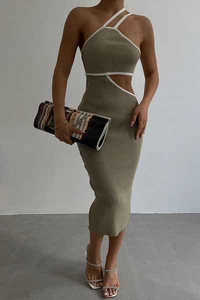 lovebox Women's Beige One Shoulder Low-Cut Dress 23S25013
