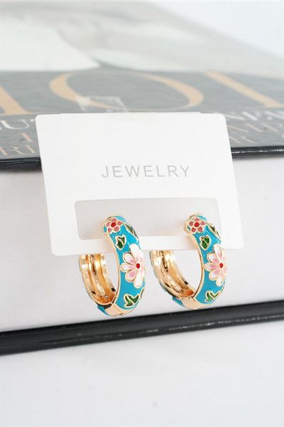 By Zeyna Aksesuar Women's Special Series Enameled Flower Motif Tarnish Resistant 2 Cm Hoop Earring Set