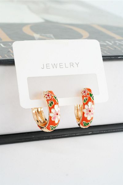 By Zeyna Aksesuar Women's Special Series Enameled Flower Motif Tarnish Resistant 2 Cm Hoop Earring Set